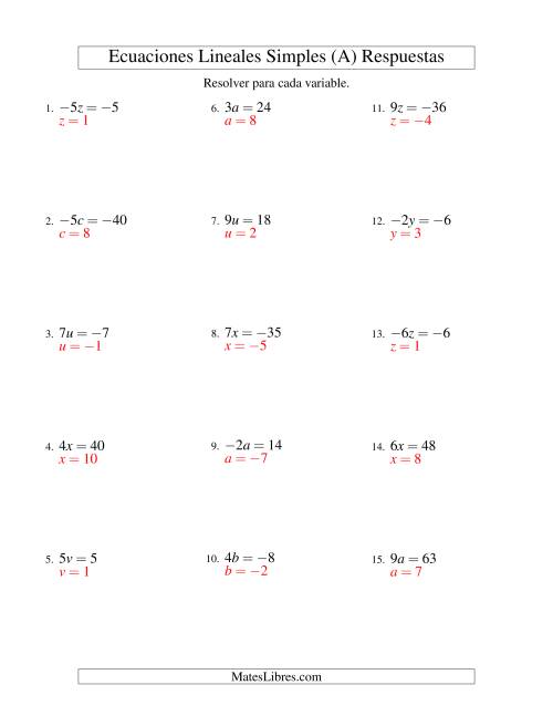 La hoja de ejercicios de Resolver Ecuaciones Lineales de la Forma ax = c con Valores Negativos (A) Página 2