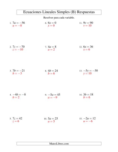La hoja de ejercicios de Resolver Ecuaciones Lineales de la Forma ax = c con Valores Negativos (B) Página 2