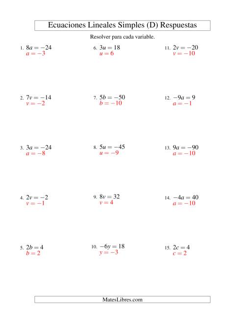 La hoja de ejercicios de Resolver Ecuaciones Lineales de la Forma ax = c con Valores Negativos (D) Página 2