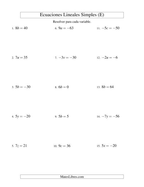 La hoja de ejercicios de Resolver Ecuaciones Lineales de la Forma ax = c con Valores Negativos (E)