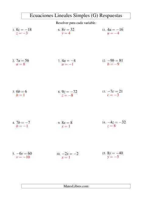 La hoja de ejercicios de Resolver Ecuaciones Lineales de la Forma ax = c con Valores Negativos (G) Página 2