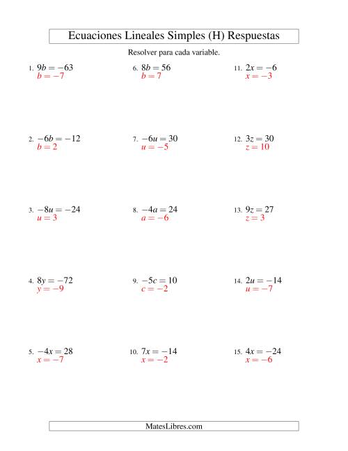 La hoja de ejercicios de Resolver Ecuaciones Lineales de la Forma ax = c con Valores Negativos (H) Página 2