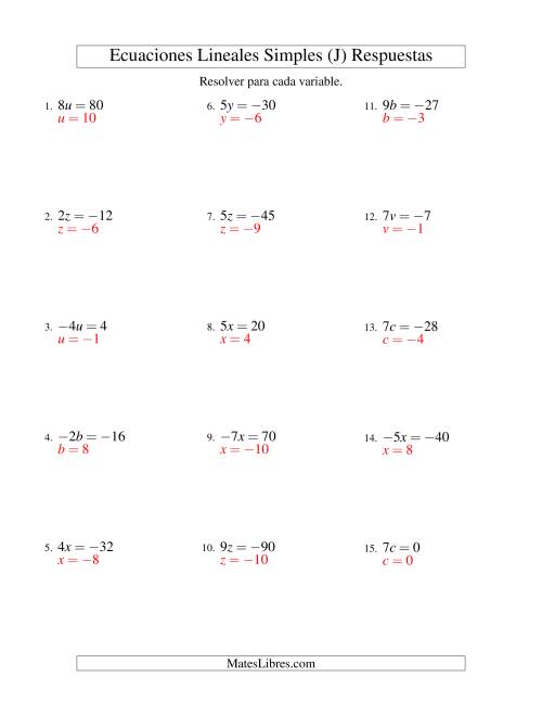 La hoja de ejercicios de Resolver Ecuaciones Lineales de la Forma ax = c con Valores Negativos (J) Página 2