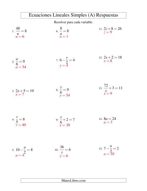 La hoja de ejercicios de Resolver Ecuaciones Lineales de Todas las Variaciones de la Forma ax + b = c sin Valores Negativos (A) Página 2