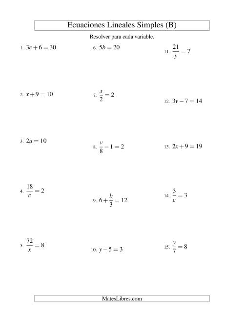La hoja de ejercicios de Resolver Ecuaciones Lineales de Todas las Variaciones de la Forma ax + b = c sin Valores Negativos (B)
