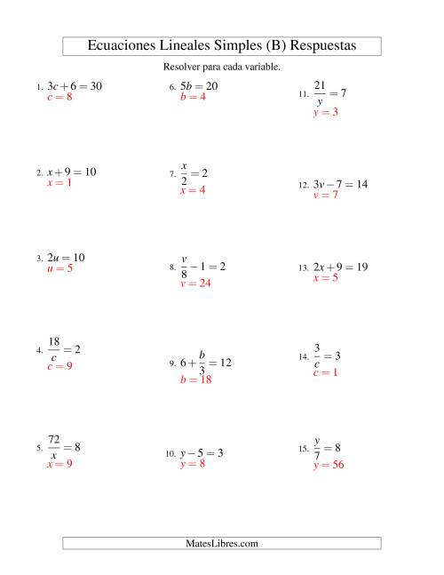 La hoja de ejercicios de Resolver Ecuaciones Lineales de Todas las Variaciones de la Forma ax + b = c sin Valores Negativos (B) Página 2
