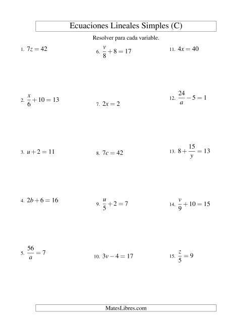 La hoja de ejercicios de Resolver Ecuaciones Lineales de Todas las Variaciones de la Forma ax + b = c sin Valores Negativos (C)