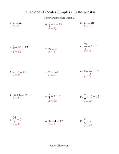 La hoja de ejercicios de Resolver Ecuaciones Lineales de Todas las Variaciones de la Forma ax + b = c sin Valores Negativos (C) Página 2