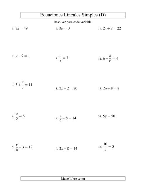 La hoja de ejercicios de Resolver Ecuaciones Lineales de Todas las Variaciones de la Forma ax + b = c sin Valores Negativos (D)
