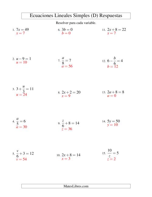La hoja de ejercicios de Resolver Ecuaciones Lineales de Todas las Variaciones de la Forma ax + b = c sin Valores Negativos (D) Página 2