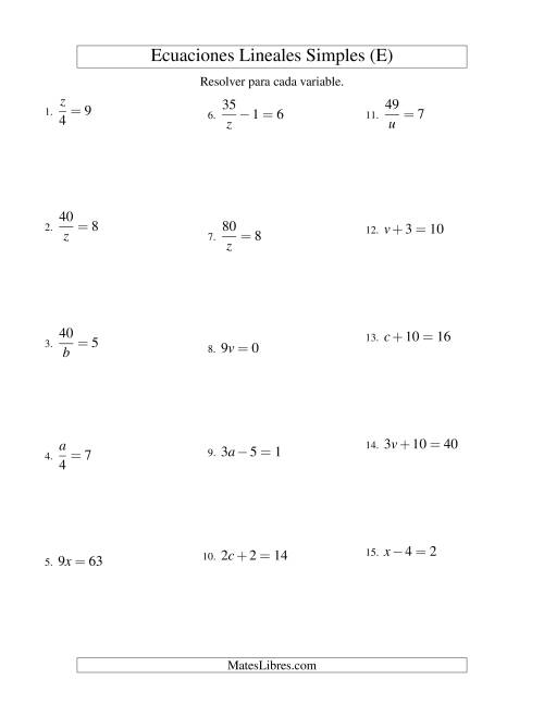 La hoja de ejercicios de Resolver Ecuaciones Lineales de Todas las Variaciones de la Forma ax + b = c sin Valores Negativos (E)