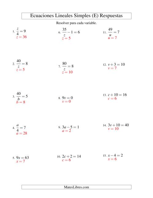 La hoja de ejercicios de Resolver Ecuaciones Lineales de Todas las Variaciones de la Forma ax + b = c sin Valores Negativos (E) Página 2