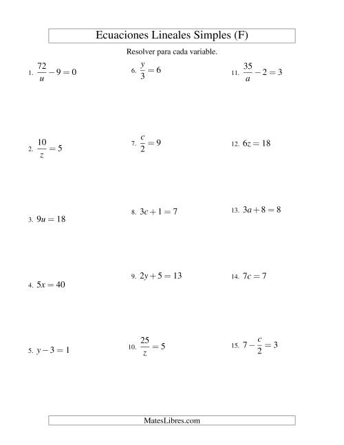 La hoja de ejercicios de Resolver Ecuaciones Lineales de Todas las Variaciones de la Forma ax + b = c sin Valores Negativos (F)