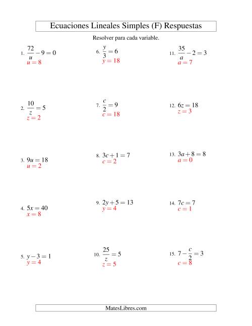 La hoja de ejercicios de Resolver Ecuaciones Lineales de Todas las Variaciones de la Forma ax + b = c sin Valores Negativos (F) Página 2