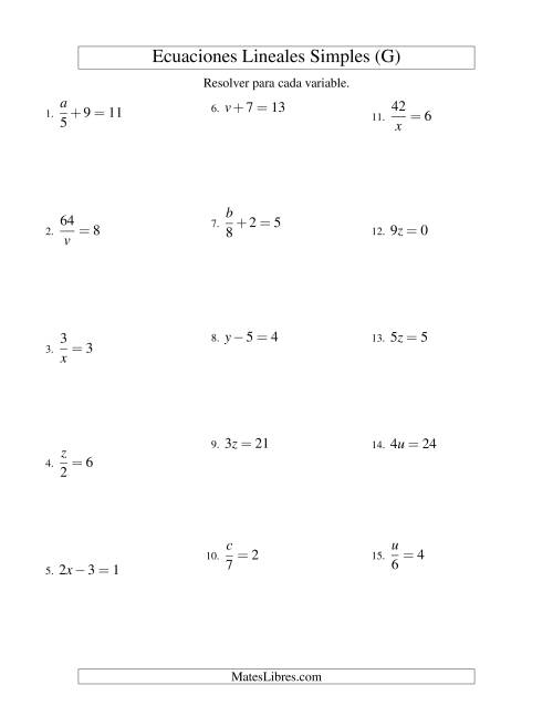 La hoja de ejercicios de Resolver Ecuaciones Lineales de Todas las Variaciones de la Forma ax + b = c sin Valores Negativos (G)