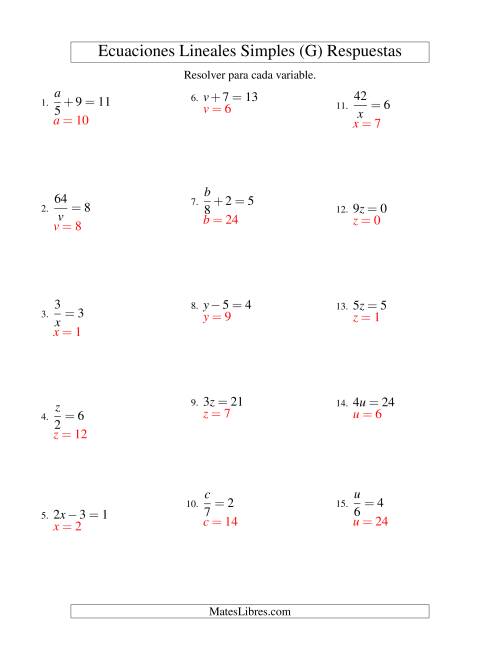 La hoja de ejercicios de Resolver Ecuaciones Lineales de Todas las Variaciones de la Forma ax + b = c sin Valores Negativos (G) Página 2