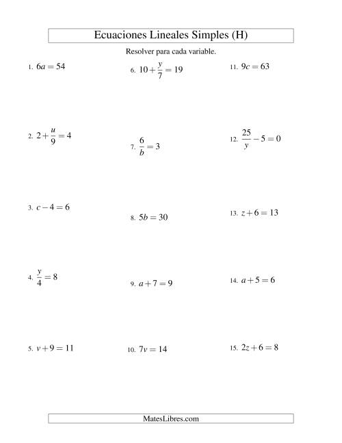 La hoja de ejercicios de Resolver Ecuaciones Lineales de Todas las Variaciones de la Forma ax + b = c sin Valores Negativos (H)