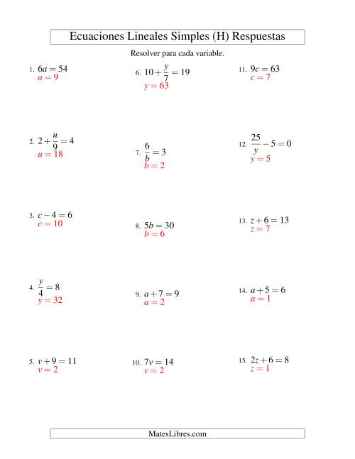 La hoja de ejercicios de Resolver Ecuaciones Lineales de Todas las Variaciones de la Forma ax + b = c sin Valores Negativos (H) Página 2