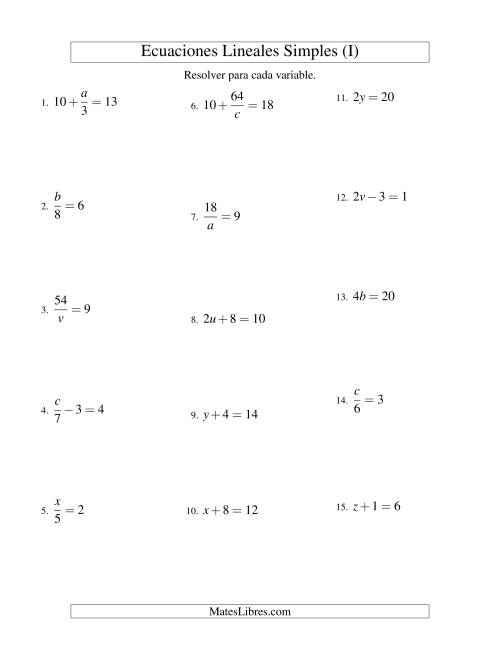 La hoja de ejercicios de Resolver Ecuaciones Lineales de Todas las Variaciones de la Forma ax + b = c sin Valores Negativos (I)