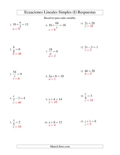 La hoja de ejercicios de Resolver Ecuaciones Lineales de Todas las Variaciones de la Forma ax + b = c sin Valores Negativos (I) Página 2