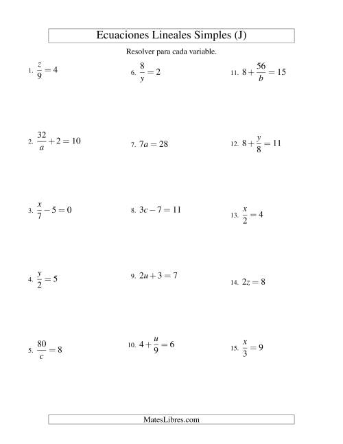 La hoja de ejercicios de Resolver Ecuaciones Lineales de Todas las Variaciones de la Forma ax + b = c sin Valores Negativos (J)