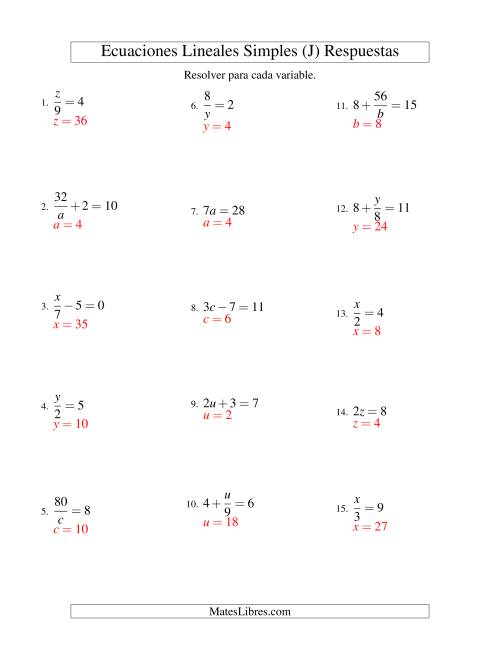 La hoja de ejercicios de Resolver Ecuaciones Lineales de Todas las Variaciones de la Forma ax + b = c sin Valores Negativos (J) Página 2