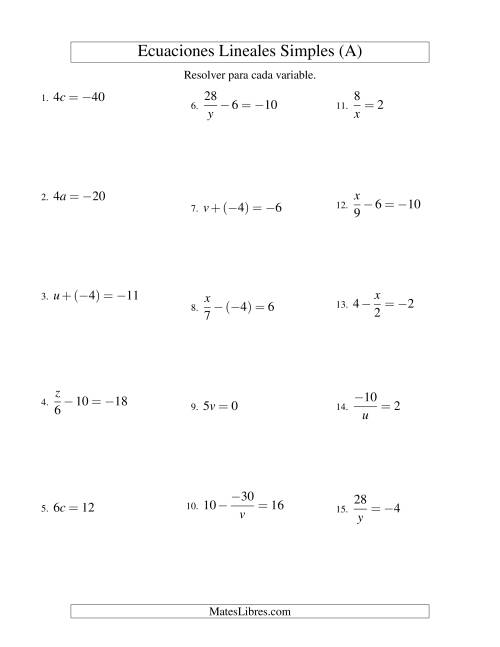 La hoja de ejercicios de Resolver Ecuaciones Lineales de Todas las Variaciones de la Forma ax + b = c con Valores Negativos (A)