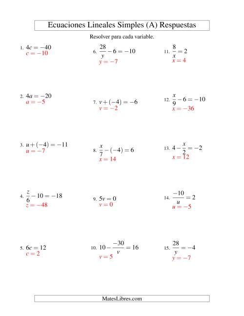 La hoja de ejercicios de Resolver Ecuaciones Lineales de Todas las Variaciones de la Forma ax + b = c con Valores Negativos (A) Página 2
