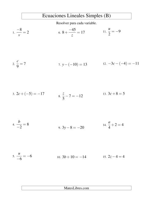 La hoja de ejercicios de Resolver Ecuaciones Lineales de Todas las Variaciones de la Forma ax + b = c con Valores Negativos (B)