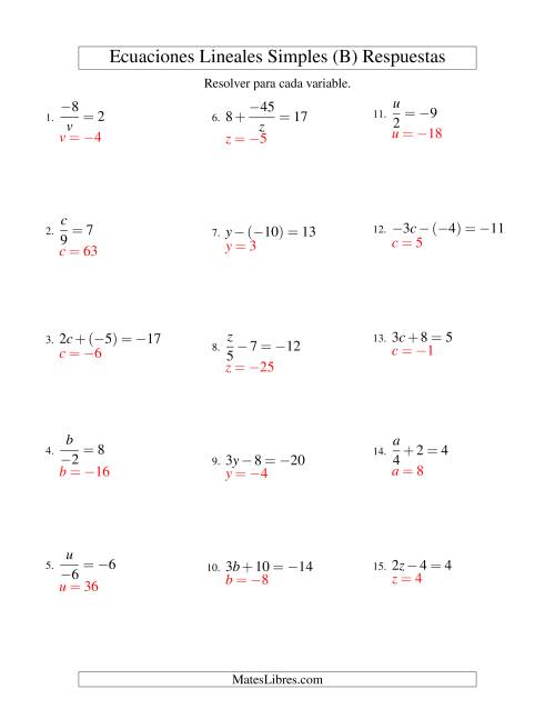 La hoja de ejercicios de Resolver Ecuaciones Lineales de Todas las Variaciones de la Forma ax + b = c con Valores Negativos (B) Página 2