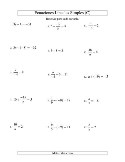 La hoja de ejercicios de Resolver Ecuaciones Lineales de Todas las Variaciones de la Forma ax + b = c con Valores Negativos (C)
