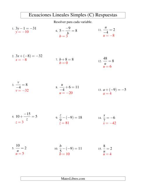 La hoja de ejercicios de Resolver Ecuaciones Lineales de Todas las Variaciones de la Forma ax + b = c con Valores Negativos (C) Página 2