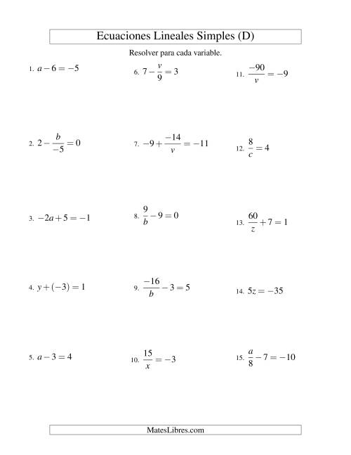 La hoja de ejercicios de Resolver Ecuaciones Lineales de Todas las Variaciones de la Forma ax + b = c con Valores Negativos (D)