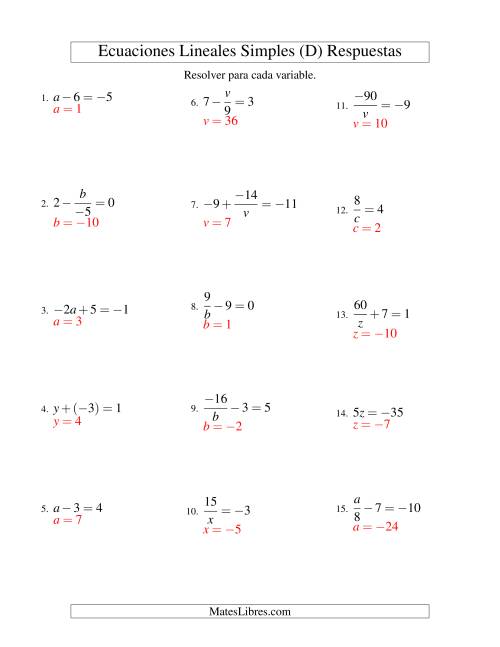 La hoja de ejercicios de Resolver Ecuaciones Lineales de Todas las Variaciones de la Forma ax + b = c con Valores Negativos (D) Página 2