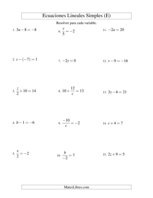 La hoja de ejercicios de Resolver Ecuaciones Lineales de Todas las Variaciones de la Forma ax + b = c con Valores Negativos (E)