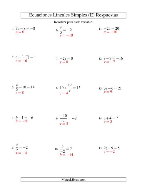 La hoja de ejercicios de Resolver Ecuaciones Lineales de Todas las Variaciones de la Forma ax + b = c con Valores Negativos (E) Página 2
