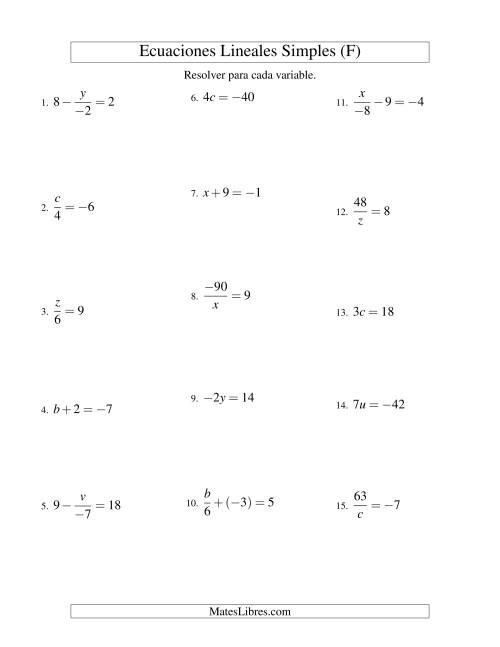 La hoja de ejercicios de Resolver Ecuaciones Lineales de Todas las Variaciones de la Forma ax + b = c con Valores Negativos (F)
