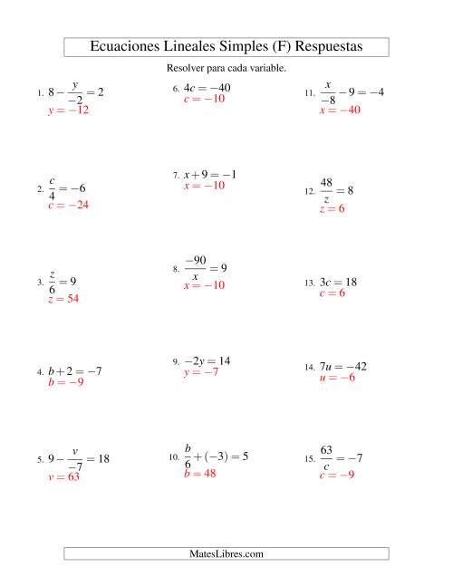 La hoja de ejercicios de Resolver Ecuaciones Lineales de Todas las Variaciones de la Forma ax + b = c con Valores Negativos (F) Página 2