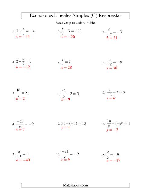 La hoja de ejercicios de Resolver Ecuaciones Lineales de Todas las Variaciones de la Forma ax + b = c con Valores Negativos (G) Página 2