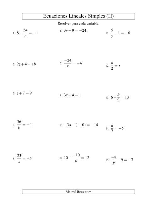 La hoja de ejercicios de Resolver Ecuaciones Lineales de Todas las Variaciones de la Forma ax + b = c con Valores Negativos (H)