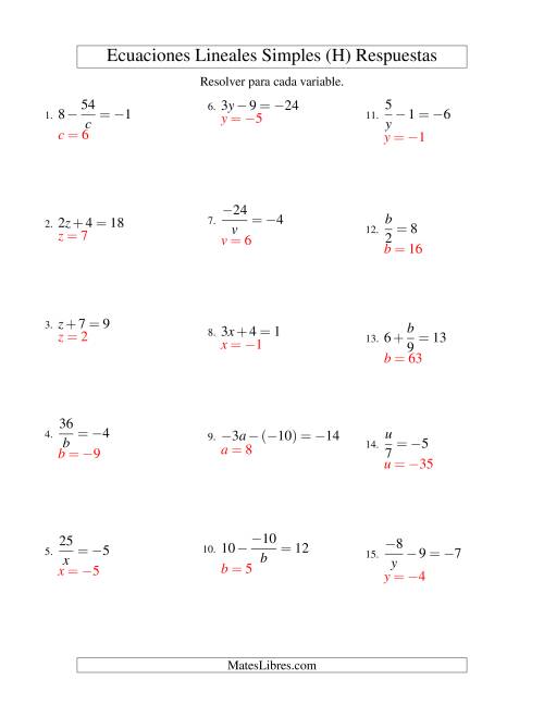 La hoja de ejercicios de Resolver Ecuaciones Lineales de Todas las Variaciones de la Forma ax + b = c con Valores Negativos (H) Página 2