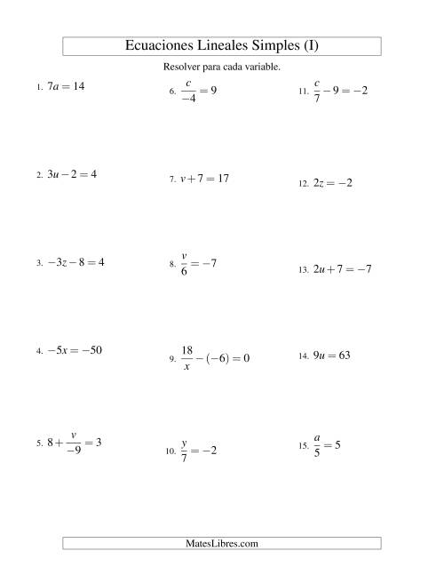 La hoja de ejercicios de Resolver Ecuaciones Lineales de Todas las Variaciones de la Forma ax + b = c con Valores Negativos (I)