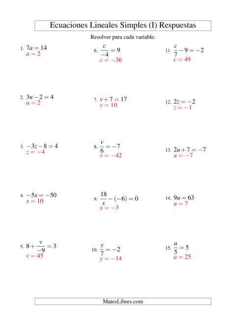 La hoja de ejercicios de Resolver Ecuaciones Lineales de Todas las Variaciones de la Forma ax + b = c con Valores Negativos (I) Página 2