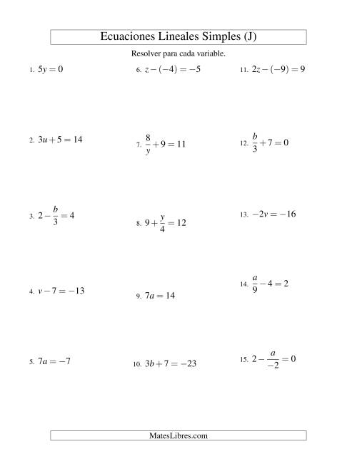 La hoja de ejercicios de Resolver Ecuaciones Lineales de Todas las Variaciones de la Forma ax + b = c con Valores Negativos (J)