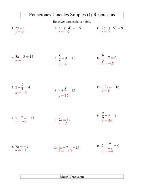 La hoja de ejercicios de Resolver Ecuaciones Lineales de Todas las Variaciones de la Forma ax + b = c con Valores Negativos (J) Página 2