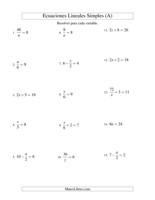 La hoja de ejercicios de Resolver Ecuaciones Lineales de Todas las Variaciones de la Forma ax + b = c sin Valores Negativos (Todas)