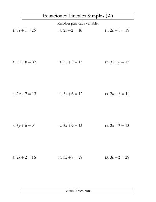 Resolver Ecuaciones Lineales de la Forma ax + b = c sin Valores Negativos (A)