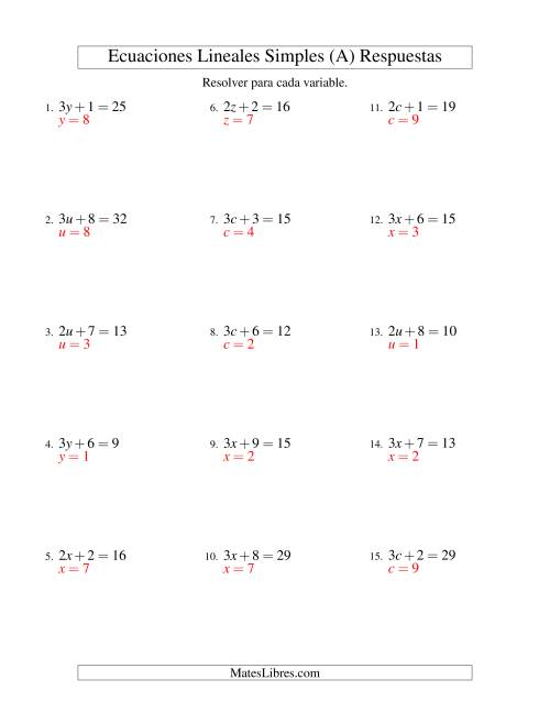 La hoja de ejercicios de Resolver Ecuaciones Lineales de la Forma ax + b = c sin Valores Negativos (A) Página 2