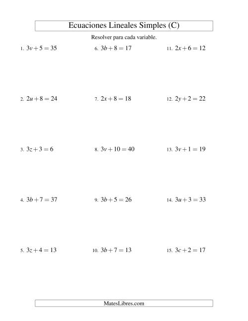 La hoja de ejercicios de Resolver Ecuaciones Lineales de la Forma ax + b = c sin Valores Negativos (C)