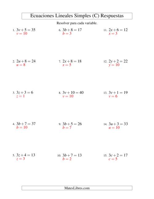 La hoja de ejercicios de Resolver Ecuaciones Lineales de la Forma ax + b = c sin Valores Negativos (C) Página 2